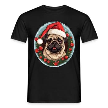A cute dog of the Pug breed celebrating Christmas - Men's T-Shirt - black - Front - AI Model Male 178 light (178cm)