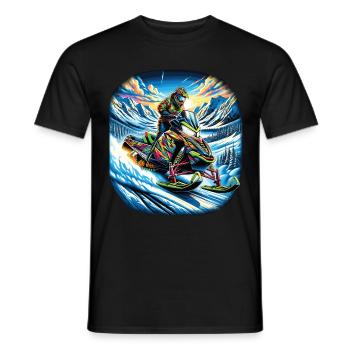 A colorful snowmobile in a mountainous landscape - Men's T-Shirt - black - Front - AI Model Male 178 light (178cm)