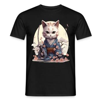 Kawaii samurai cat with katana - Men's T-Shirt - black - Front - AI Model Male 178 light (178cm)
