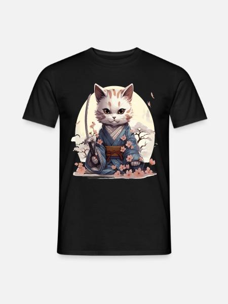 Kawaii samurai cat with katana - Men's T-Shirt - black