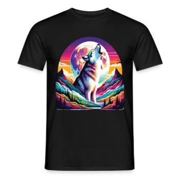 Wolf howling under the colorful moon - Men's T-Shirt - black - Front - AI Model Male 178 light (178cm)
