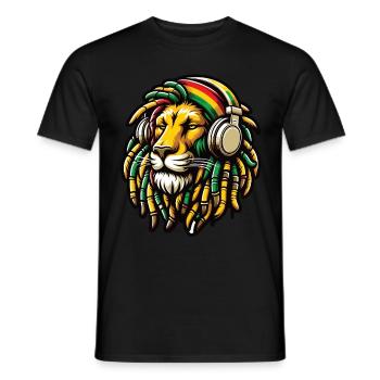 A Rasta lion with dreadlocks and headphones - Men's T-Shirt - black - Front - AI Model Male 178 light (178cm)