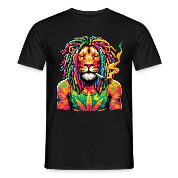 Ein Löwe mit Dreadlocks raucht einen Joint - Männer T-Shirt - Schwarz - Vorne - AI Model Male 178 light (178cm)