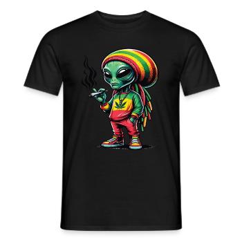 A Rasta alien smoking a cannabis joint - Men's T-Shirt - black - Front - AI Model Male 178 light (178cm)