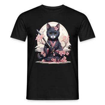 Kawaii cat in samurai outfit with Japanese style - Men's T-Shirt - black - Front - AI Model Male 178 light (178cm)