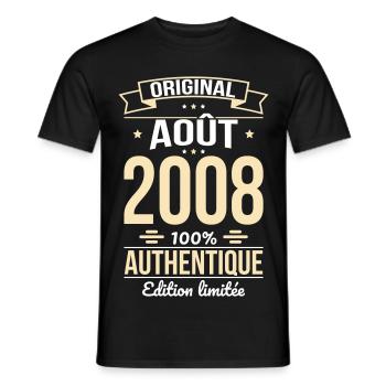 Anniversaire 18 ans - Original - Août 2008 - T-shirt homme - noir - Devant - AI Model Male 178 light (178cm)
