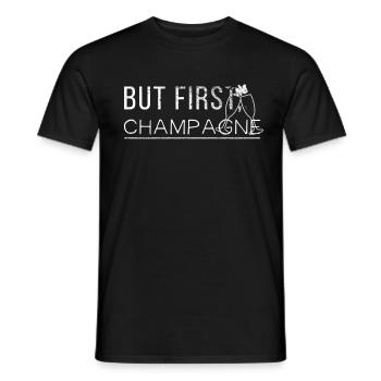 - But first, - Men's T-Shirt - black - Front - AI Model Male 178 light (178cm)