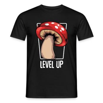 Mushroom - Level Up - Cool Gamer Fly agaric Statement - Men's T-Shirt - black - Front - AI Model Male 178 light (178cm)