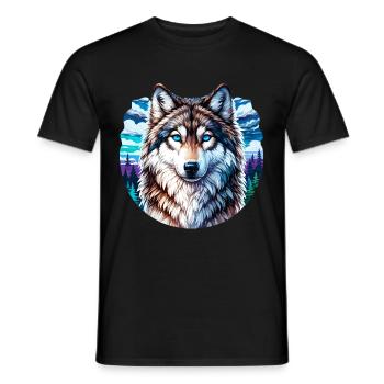 Bunter Wolf in Berg- und Waldlandschaft - Männer T-Shirt - Schwarz - Vorne - AI Model Male 178 light (178cm)