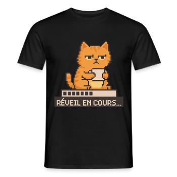 Réveil en cours – Chat pixel Humour Café - T-shirt homme - noir - Devant - AI Model Male 178 light (178cm)