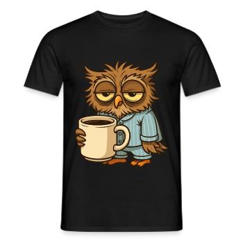 Tired owl with coffee cup - Men's T-Shirt - black - Front - AI Model Male 178 light (178cm)