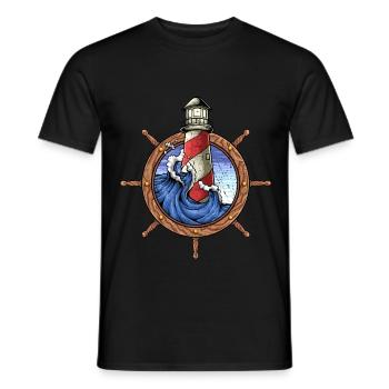 Lighthouse sea wave sailor captain steering wheel - Men's T-Shirt - black - Front - AI Model Male 178 light (178cm)