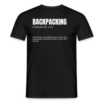 Funny Backpacking Carrying Everything Mountain - Men's T-Shirt - black - Front - AI Model Male 178 light (178cm)