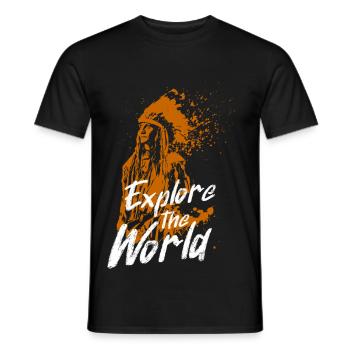 Erkunden Sie die Welt Orange Wandbild mit Inder - Männer T-Shirt - Schwarz - Vorne - AI Model Male 178 light (178cm)