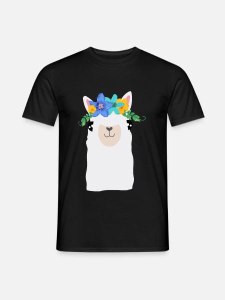 Alpaka mit Blumen - Männer T-Shirt - Schwarz