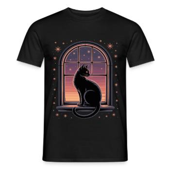 Black Cat Star Gazing At Window - Men's T-Shirt - black - Front - AI Model Male 178 light (178cm)