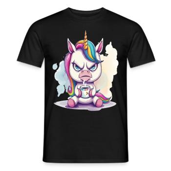 A angry looking unicorn, holding a cup of coffee - Men's T-Shirt - black - Front - AI Model Male 178 light (178cm)
