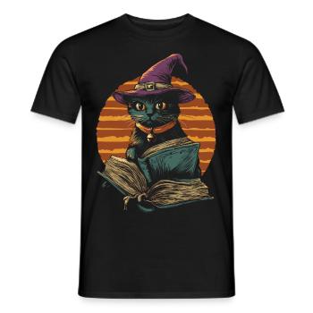 Black Cat as Halloween Witch with Books - Men's T-Shirt - black - Front - AI Model Male 178 light (178cm)