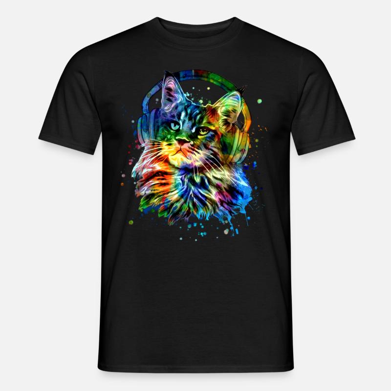 Chat avec écouteurs Aquarelle Art - T-shirt homme - noir