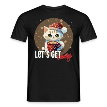 cat coffee cat Let's get cosy xmas coffee santa - Men's T-Shirt - black - Front - AI Model Male 178 light (178cm)