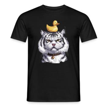 Niedliche Katze mit Ente auf dem Kopf für Kinder - Männer T-Shirt - Schwarz - Vorne - AI Model Male 178 light (178cm)