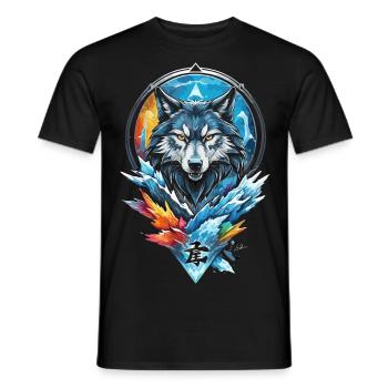 Loup géométrique eau et feu - T-shirt homme - noir - Devant - AI Model Male 178 light (178cm)