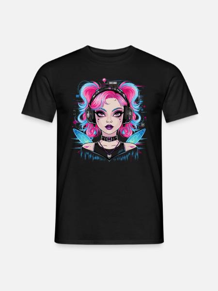 Niedliche Katzenfrau mit Kopfhörer - Männer T-Shirt - Schwarz