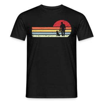 Sun and retro lines - man with dog - - Men's T-Shirt - black - Front - AI Model Male 178 light (178cm)
