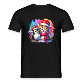 Penguin Christmas Cat Children Family St. Nicholas - Men's T-Shirt - black - Front - AI Model Male 178 light (178cm)