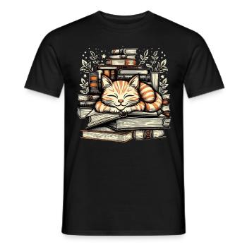 COZY CAT TAKING A NAP ON BOOKS - Men's T-Shirt - black - Front - AI Model Male 178 light (178cm)