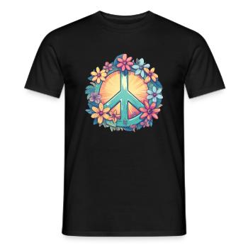 Groovy Retro Peace Sign with Pastel Flowers - Men's T-Shirt - black - Front - AI Model Male 178 light (178cm)