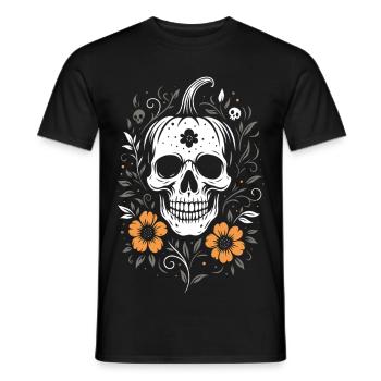 Halloween Skull with Pumpkin Stem & Flowers - Men's T-Shirt - black - Front - AI Model Male 178 light (178cm)