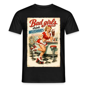 Pin-up bad girls boivent des milkshakes : style diner des années 50 - T-shirt homme - noir - Devant - AI Model Male 178 light (178cm)