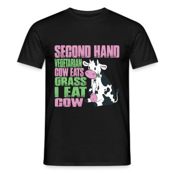 Second Hand Vegetarian, Cow Eats Grass, I Eat Cow - Men's T-Shirt - black - Front - AI Model Male 178 light (178cm)
