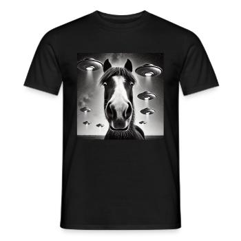 Horse Selfie with UFO Weird 50s Photo - Men's T-Shirt - black - Front - AI Model Male 178 light (178cm)
