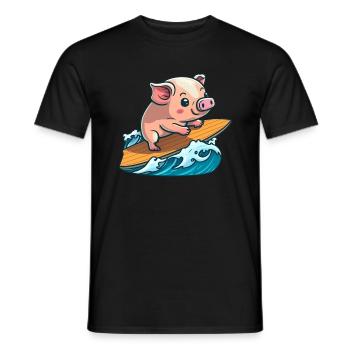 Cute pig surfing in the sea on surfboard surfing - Men's T-Shirt - black - Front - AI Model Male 178 light (178cm)