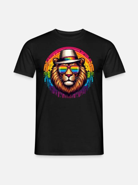 Lion de dessin animé avec des lunettes arc-en-ciel et un chapeau - T-shirt homme - noir