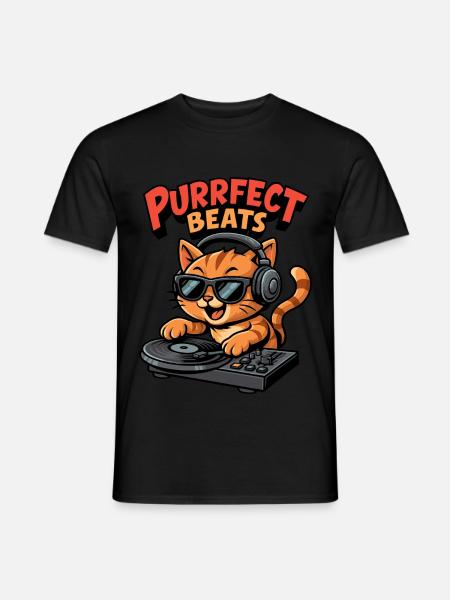 DJ Cat avec platine vinyle - T-shirt homme - noir