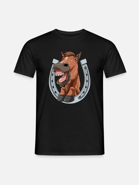 Cheval rit et montre des dents avec un fer à cheval - T-shirt homme - noir