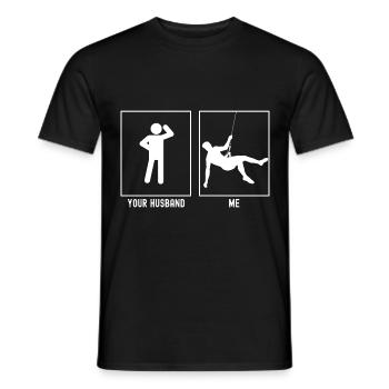 Her husband - me - climbing hanging rappel - Men's T-Shirt - black - Front - AI Model Male 178 light (178cm)