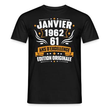Vintage Cadeau Janvier 1962, 61 Ans Anniversaire - T-shirt homme - noir - Devant - AI Model Male 178 light (178cm)