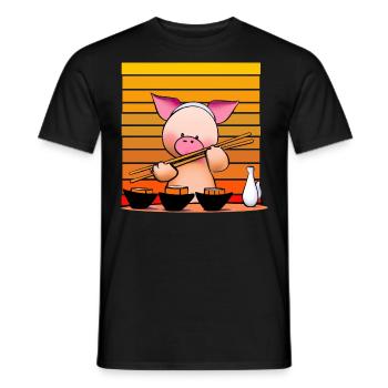 Pork tries sushi with chopsticks - Men's T-Shirt - black - Front - AI Model Male 178 light (178cm)