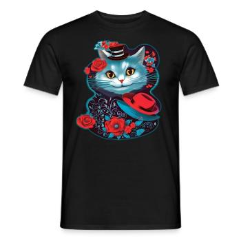 Chat mignon avec chapeau et roses - T-shirt homme - noir - Devant - AI Model Male 178 light (178cm)