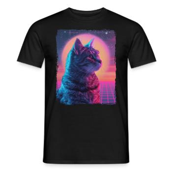 Funny Cute Retro Cat Animal 80s Neon Sun Fat Cat - Men's T-Shirt - black - Front - AI Model Male 178 light (178cm)