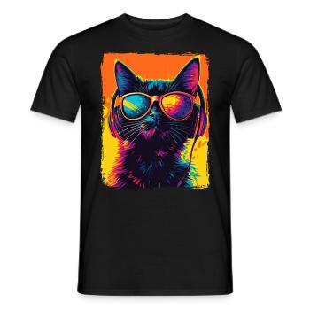 DJ Cool Black Cat With Headphones EDM Music Techno - Men's T-Shirt - black - Front - AI Model Male 178 light (178cm)