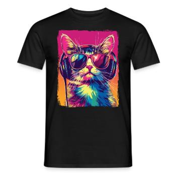 DJ Cool Cat With Headphones EDM Music Techno - Men's T-Shirt - black - Front - AI Model Male 178 light (178cm)