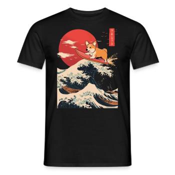 Corgi Dog Hund Animal Japanese Surfing Beach Wave - Men's T-Shirt - black - Front - AI Model Male 178 light (178cm)