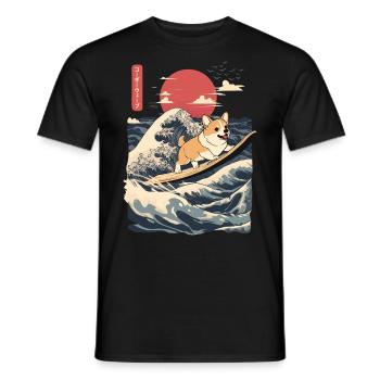 Corgi Dog Hund Animal Japanese Surfing Beach Wave - Men's T-Shirt - black - Front - AI Model Male 178 light (178cm)