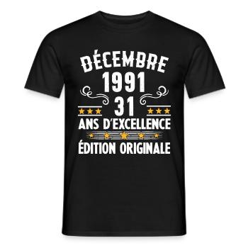 31 Ans Anniversaire Vintage Né(e) en Décembre 1991 - T-shirt homme - noir - Devant - AI Model Male 178 light (178cm)