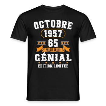 65 Ans Anniversaire Vintage Né(e) en Octobre 1957 - T-shirt homme - noir - Devant - AI Model Male 178 light (178cm)